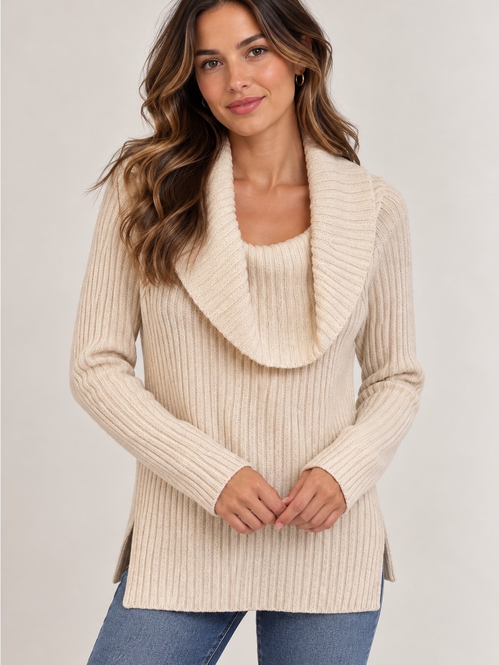 Lord & Taylor Cream Ribbed Cowl Neck Sweater